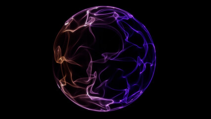 Glowing purple and orange energy sphere with flowing plasma wave lines on black background. Abstract sci-fi fluid orb animation with smooth motion. Futuristic digital holographic loop