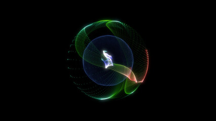 Futuristic abstract sphere made of glowing particles and colorful spiral energy flow. High-resolution digital background with neon grid dots and sci-fi visual style.