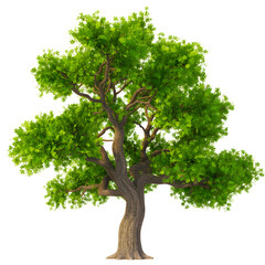 Obraz premium Majestic cork oak tree with thick gnarled trunk and lush green canopy white background