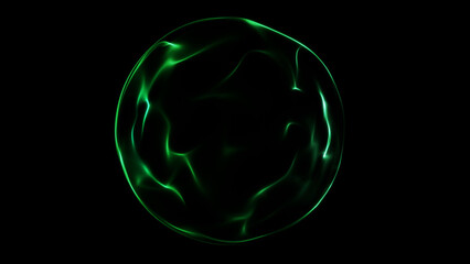 Abstract glowing green plasma sphere with smooth light trails on black background. Ideal for sci-fi, technology, gaming, or futuristic visual compositions.