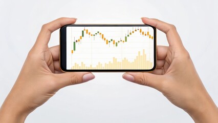 A person holds a smartphone displaying a stock market chart, showcasing market trends and data analysis.