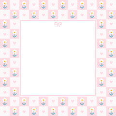 Cute kawaii template square vector frame with chamomile flowers and flirty bows on a chessboard. Cartoon hand-drawn doodle style. for stationery, design stickers for notes, posts for social networks