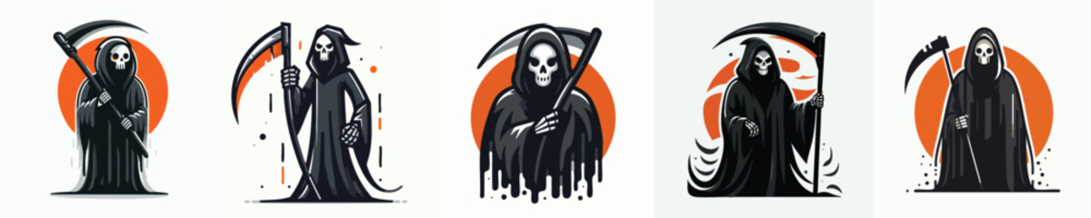 Grim Reaper Vector Set Scary Skull Halloween Illustration