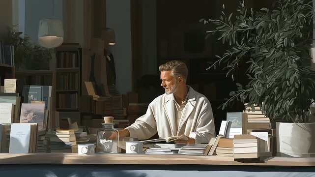 Small bookstore owner restocking shelves in peaceful daylight