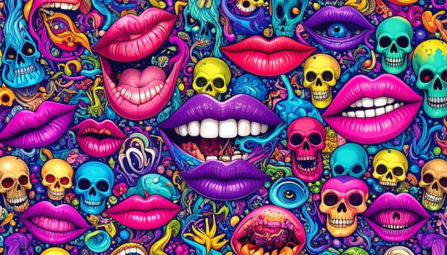 Vibrant pattern of lips, teeth, skulls, and abstract elements.  A colorful, chaotic mix