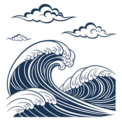 Stylized dark blue ocean waves and clouds in traditional japanese art style vector illustration