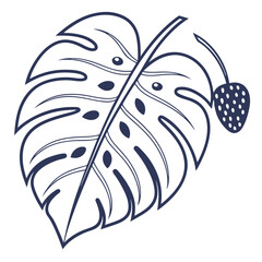 Stylized dark blue outline of a monstera leaf with a single strawberry on a stem emerging from its side