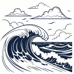 Stylized dark blue wave crashing under a cloudy sky with silhouetted birds flying overhead