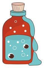 A cartoon illustration of a bubbly potion in a red glass bottle with a cork stopper, with blue liquid oozing down the sides.
