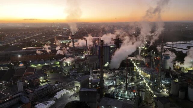 Sunrise aerial view of a pulp and paper factory in Brazil, with smoke stacks emitting pollution, highlighting industrialization and environment issues