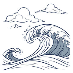 Stylized illustration of powerful ocean waves crashing under a cloudy sky with birds flying above