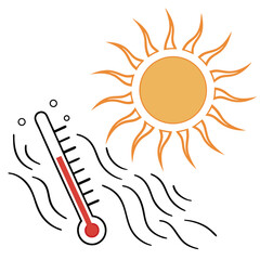 Thermometer showing high temperature under a bright sun with heat waves indicating extreme heat