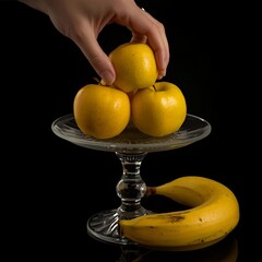 Hand placing a yellow apple on a glass stand with two apples and a banana on a black background