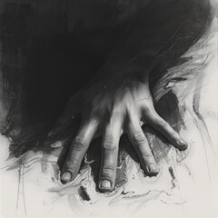 A monochrome painting of a hand emerging from a dark liquid with abstract swirls and brushstrokes around it