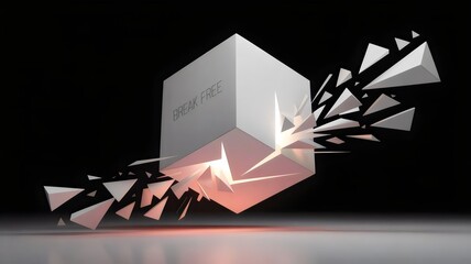 3D render of white cube fracturing into triangles with etched text – Suitable for transformation concepts, design resources, or symbolic visuals