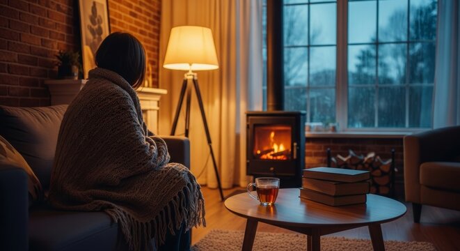 A woman is sitting on a couch wrapped in a blanket. She is looking out the window at the rain. The room is dimly lit, with a lamp on a table in front of her. There are several books on the table