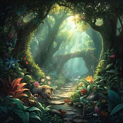 A lion resting near a stream in a lush forest with a stone path and sunlight shining through trees