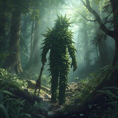 A figure covered in leaves standing in a forest with a weapon in its hand and sunlight shining through