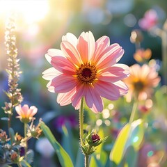 Close up of a pink flower with yellow center in a field with sunlight shining through the background plants
