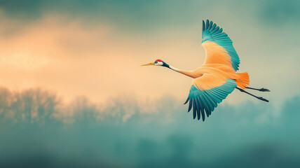 Obraz premium Colorful flying crane bird with orange and blue feathers soaring gracefully in misty sky above blurred trees, symbolizing freedom and natural beauty in serene landscape