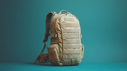 Tan tactical backpack with molle straps, multiple pockets, and adjustable shoulder straps