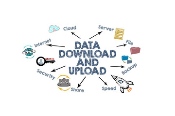 Illustration of data download and upload with cloud, security, and sharing concepts
