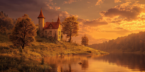 Fairytale cottage on a hill, overlooking magical sparkling lake, whimsical towers, sunset glow