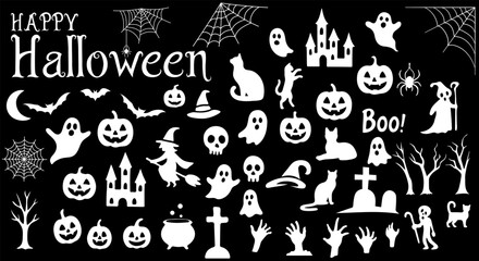 Halloween Collection graphic elements - pumpkins, ghosts, cat, and others. Hand drawn set. Vector illustration.