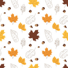 A charming autumn pattern featuring maple leaves acorns and stylized oak leaves in warm seasonal hues