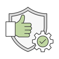 Shield with thumbs up icon representing dependability service quality trust consistent performance business reliability. Vector illustration.