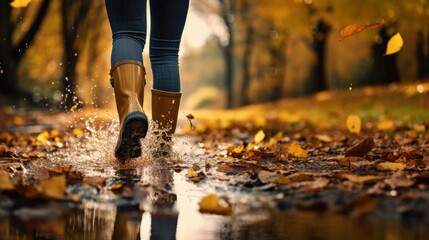 Woman legs wearing rain boots walking autumn puddle.