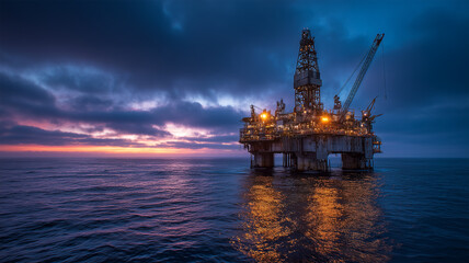 Obraz premium 夕暮れの海上掘削リグを望む全景
