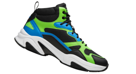 A single high-top fashion sneaker with a chunky sole and a bold color palette of neon green, blue, and black.