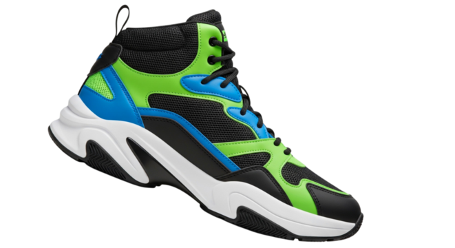 A single high-top fashion sneaker with a chunky sole and a bold color palette of neon green, blue, and black.
