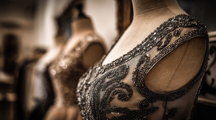 Gown's beaded bodice on mannequin, shallow depth of field, elegant, vintage