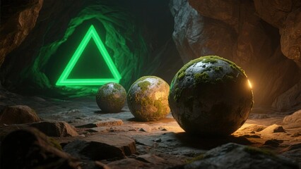 Mysterious Cave with Glowing Green Triangle and Spherical Objects