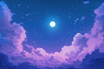 A dreamy night sky, filled with soft, pastel-colored clouds, stars, and a bright moon, creates a serene and peaceful atmosphere.
