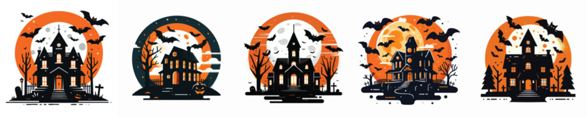 Eerie Haunted House with Full Moon and Flying Bats