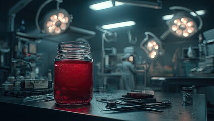 Red liquid in jar, medical operating room