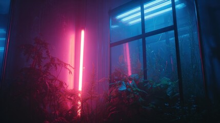 Neon lights illuminate a modern interior with plants, creating a vibrant cyberpunk atmosphere with pink and blue hues