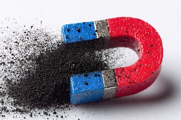 A U-shaped magnet attracts iron filings