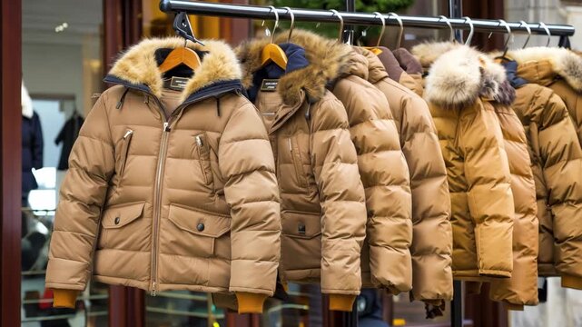 Unique winter jackets with fur lining hang elegantly for shoppers seeking fashionable and warm outerwear for the season