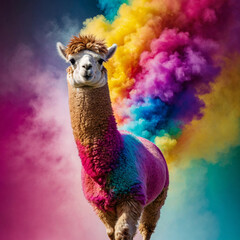 Colorful llama portrait with powder explosion – funny alpaca photo