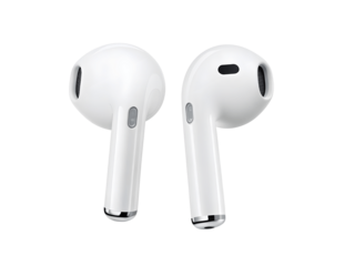 A pair of white wireless earbuds isolated on transparent background