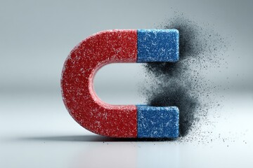 U-shaped magnet breaking apart, red and blue halves.  Particles exploding