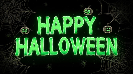 Obraz premium Happy Halloween Celebration: A vibrant, glowing Happy Halloween message with spooky spiderwebs and grinning pumpkin accents, radiating a festive mood for the holiday.