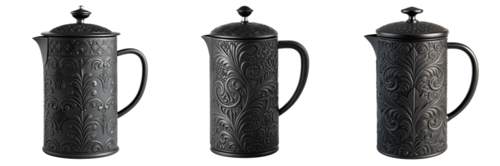Three black french presses isolated on transparent background