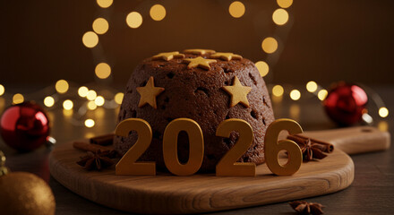Christmas pudding with star decor and "2026" text, holiday dessert celebration with fairy lights