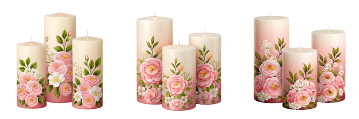 Set For Three floral decorated candles isolated on transparent background are shown