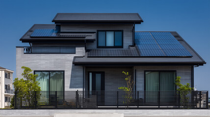 淡い煉瓦とスレート屋根の太陽光住宅